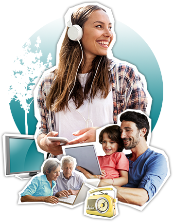 Menschen verschiedener Generationen interagieren mit verschiedenen technischen Geräten.