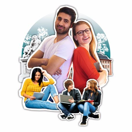 Gruppe von Studenten an einem Ort mit einem Denkmal im Hintergrund.