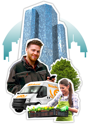 Ein Bäckerfahrer mit Smartphone vor einem Bürogebäude und eine Gärtnerin mit Blumenkästen.