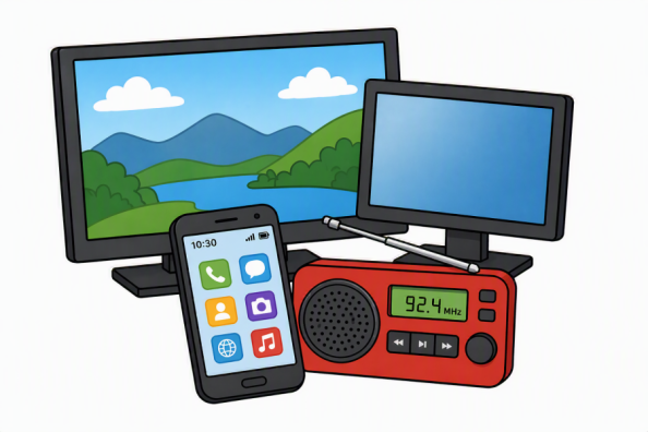 farbige Illustration je eines Fernsehgeräts, eines Computerbildschirms, eines kleinen portablen Radios und eines Smartphones