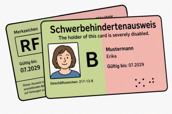 grobe farbige Illustration der Vorder- und Rückseite eines Schwerbehindertenausweises mit RF Merkzeichen
